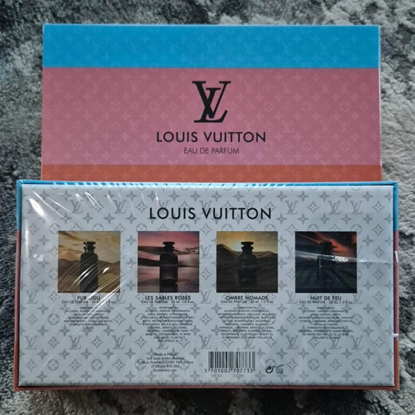 Louis Vuitton Les Sables Roses / Pur Oud / Ombre Nomade / Nuit de Feu Set (4×30ml) – Pink & Blue Box