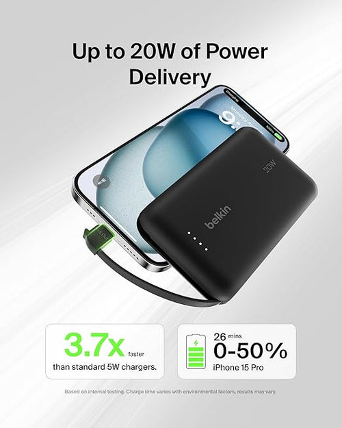 Belkin BoostCharge power bank 10000mAh, portable power bank with integrated cable PD 20W,